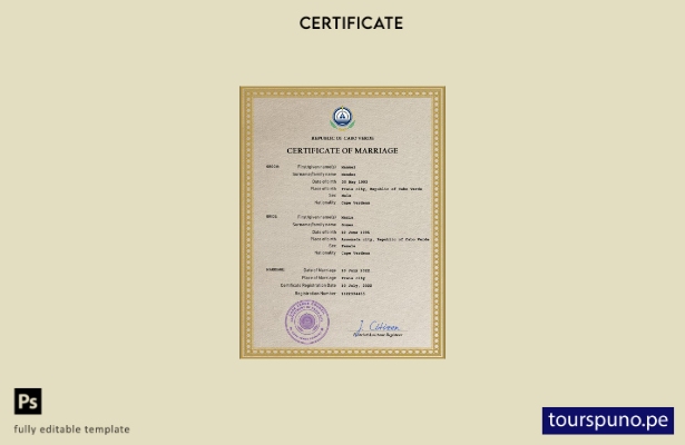 listo para imprimir plantilla PSD de certificado de matrimonio de Cabo Verde